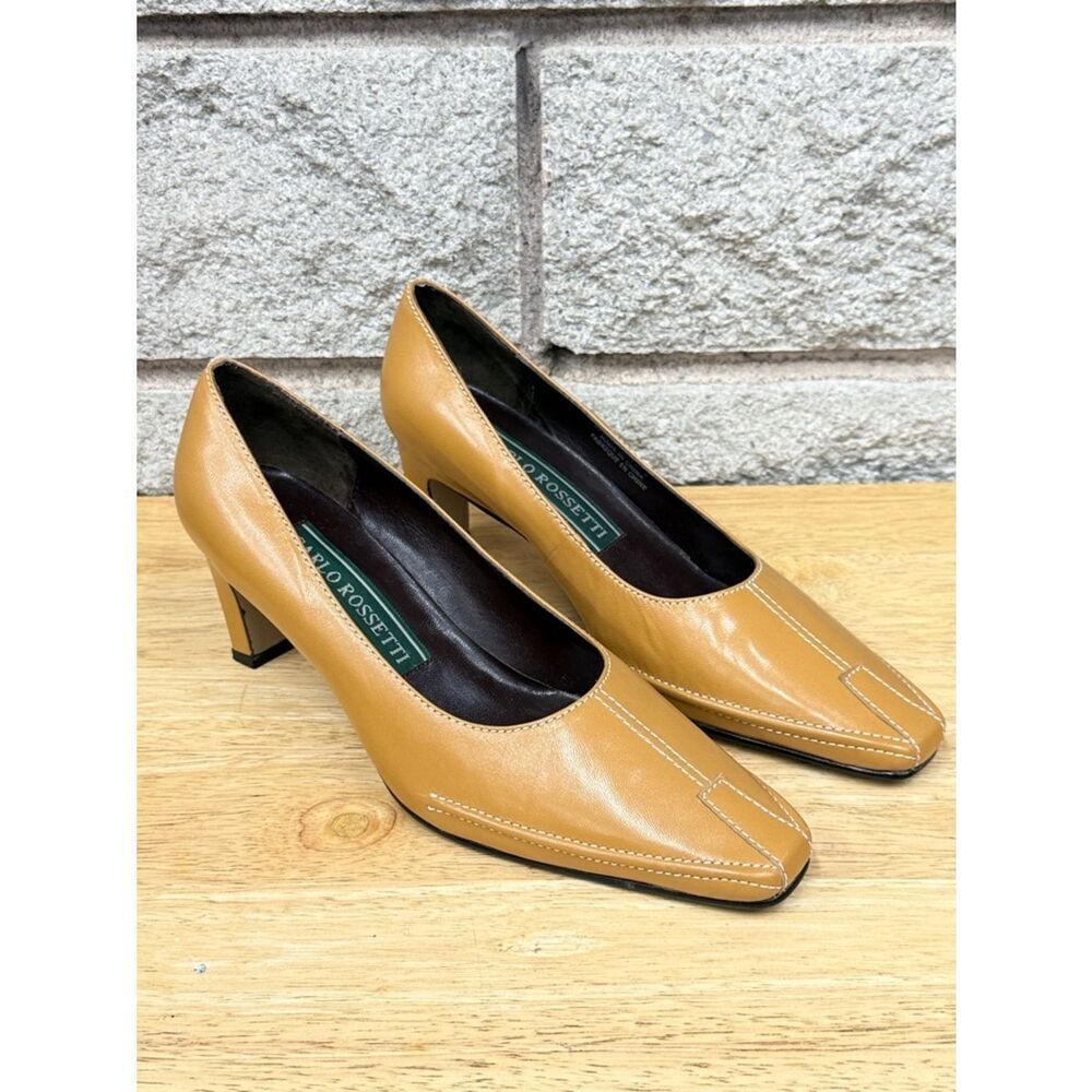 Women's Tan Leather Mid Heel Pumps